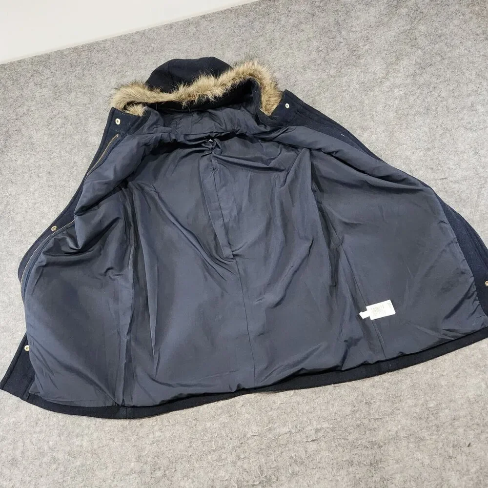J Crew Womens 4 Vail Parka Wool‎ Blend Faux Fur Hooded Jacket Coat Navy Heavy